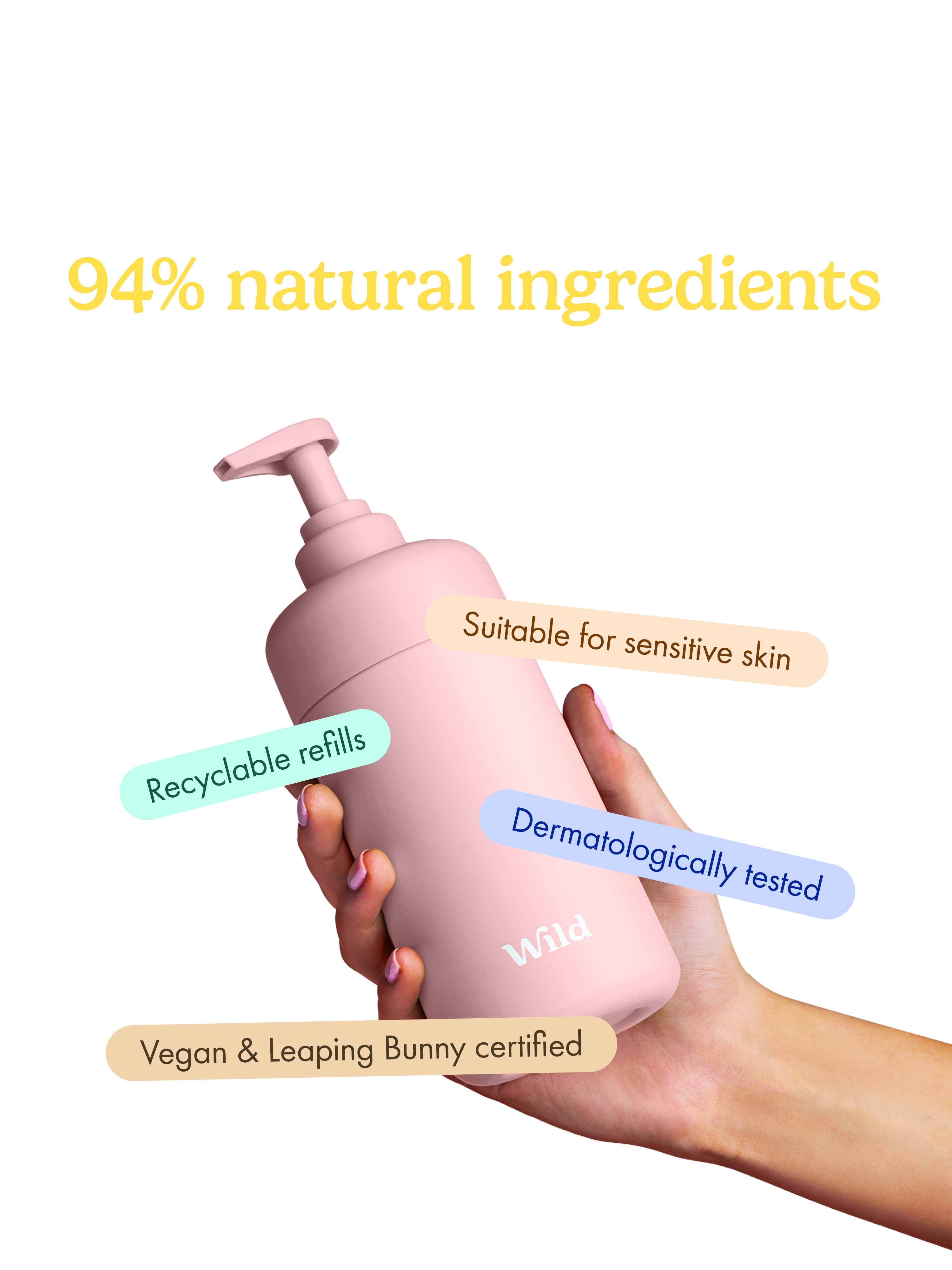 Caption: a hand holding a pink bottle with labels on it