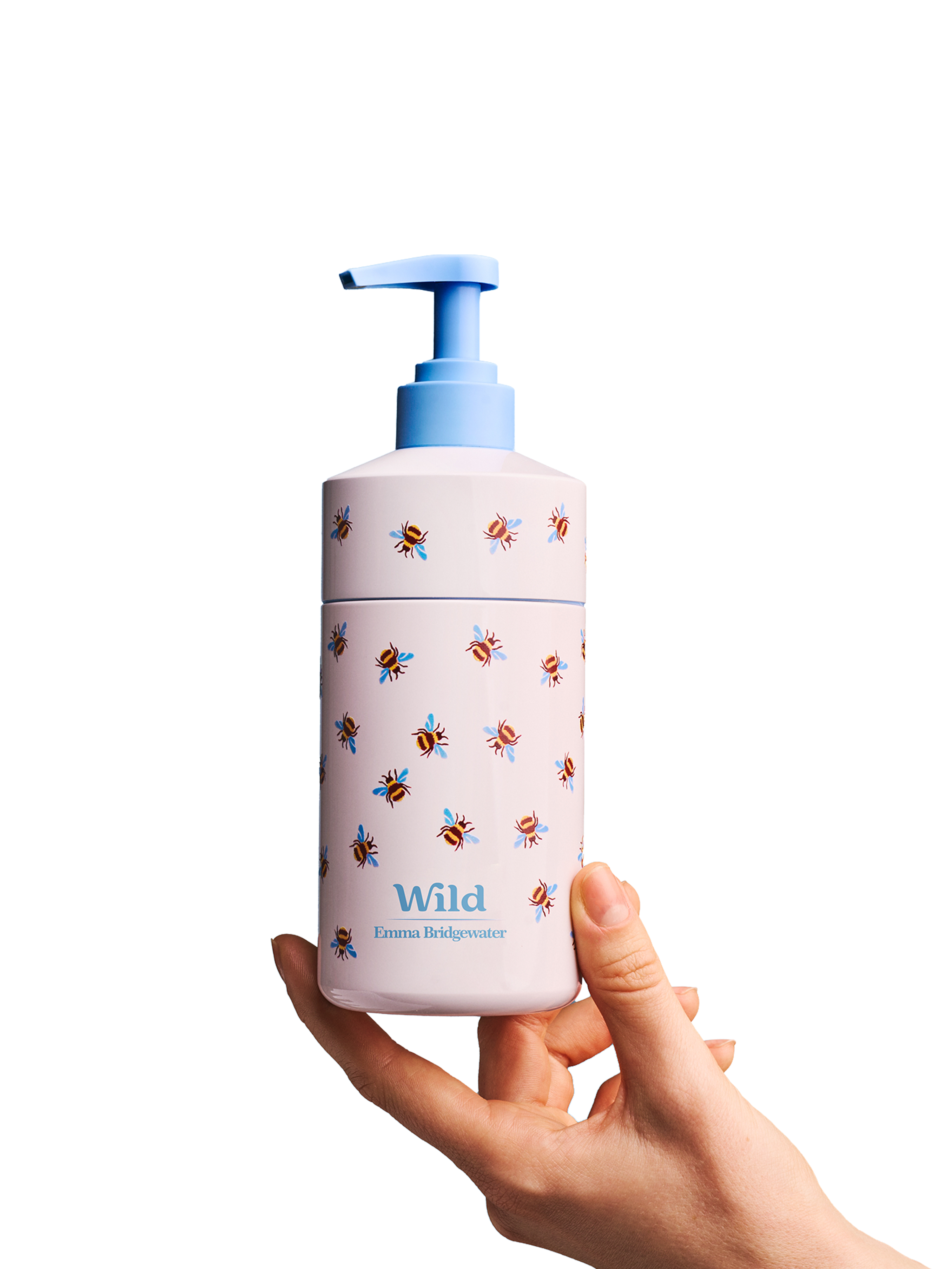 Caption: a hand holding a white and blue bottle with bees on it