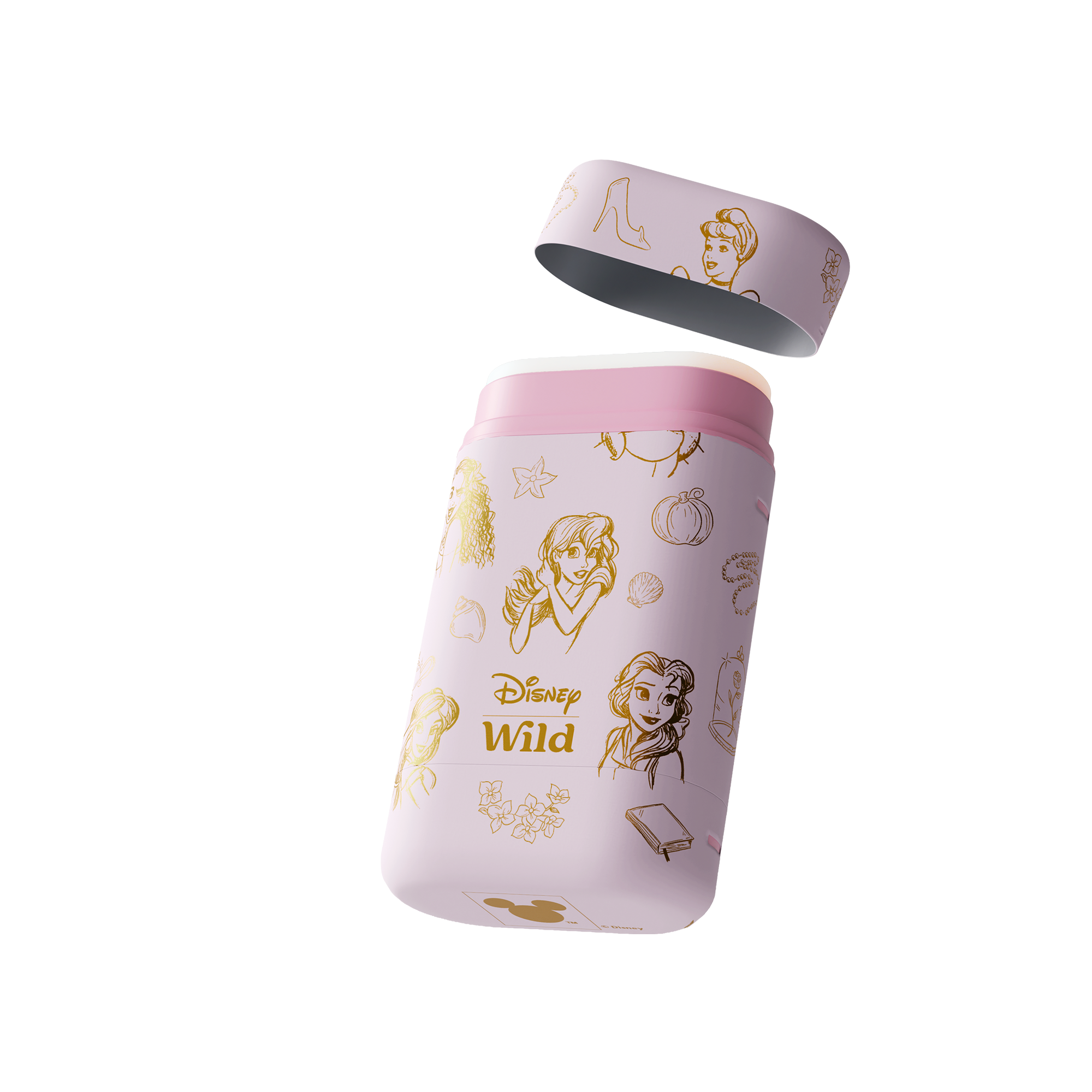 Caption: a pink tumbler with a disney princess pattern on it