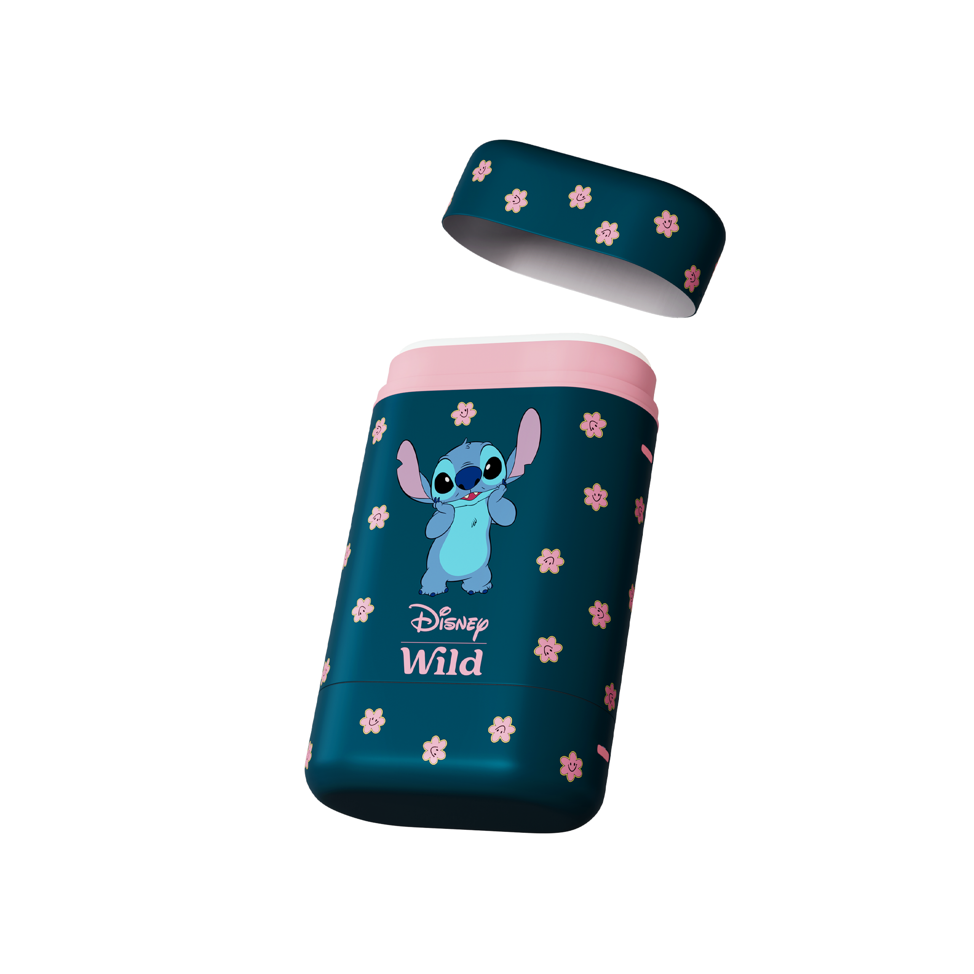 Caption: a blue and pink cup with a cartoon character on it