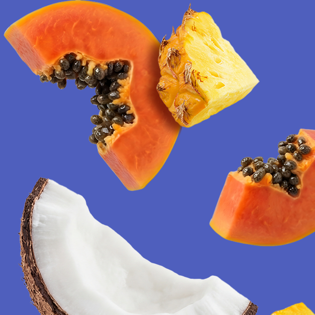Caption: a piece of papaya and a piece of pineapple on a blue background