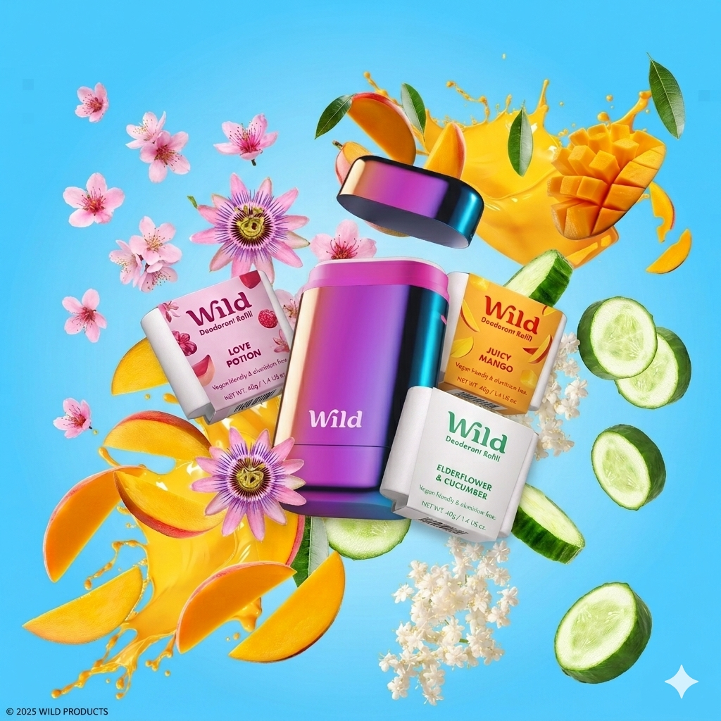 Caption: a variety of skin care products on a blue background