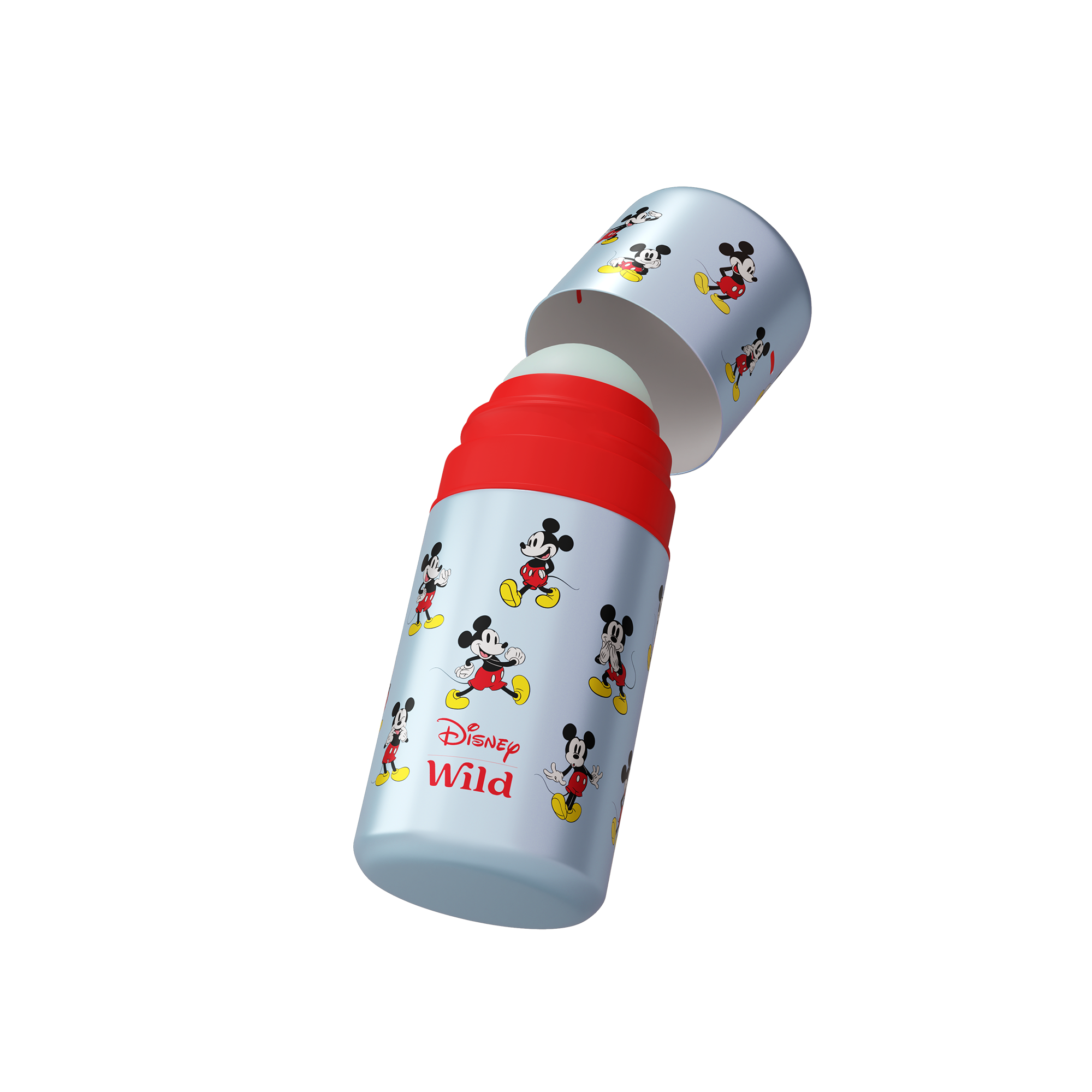 Bijschrift: een rood-witte fles met Mickey Mouse erop
