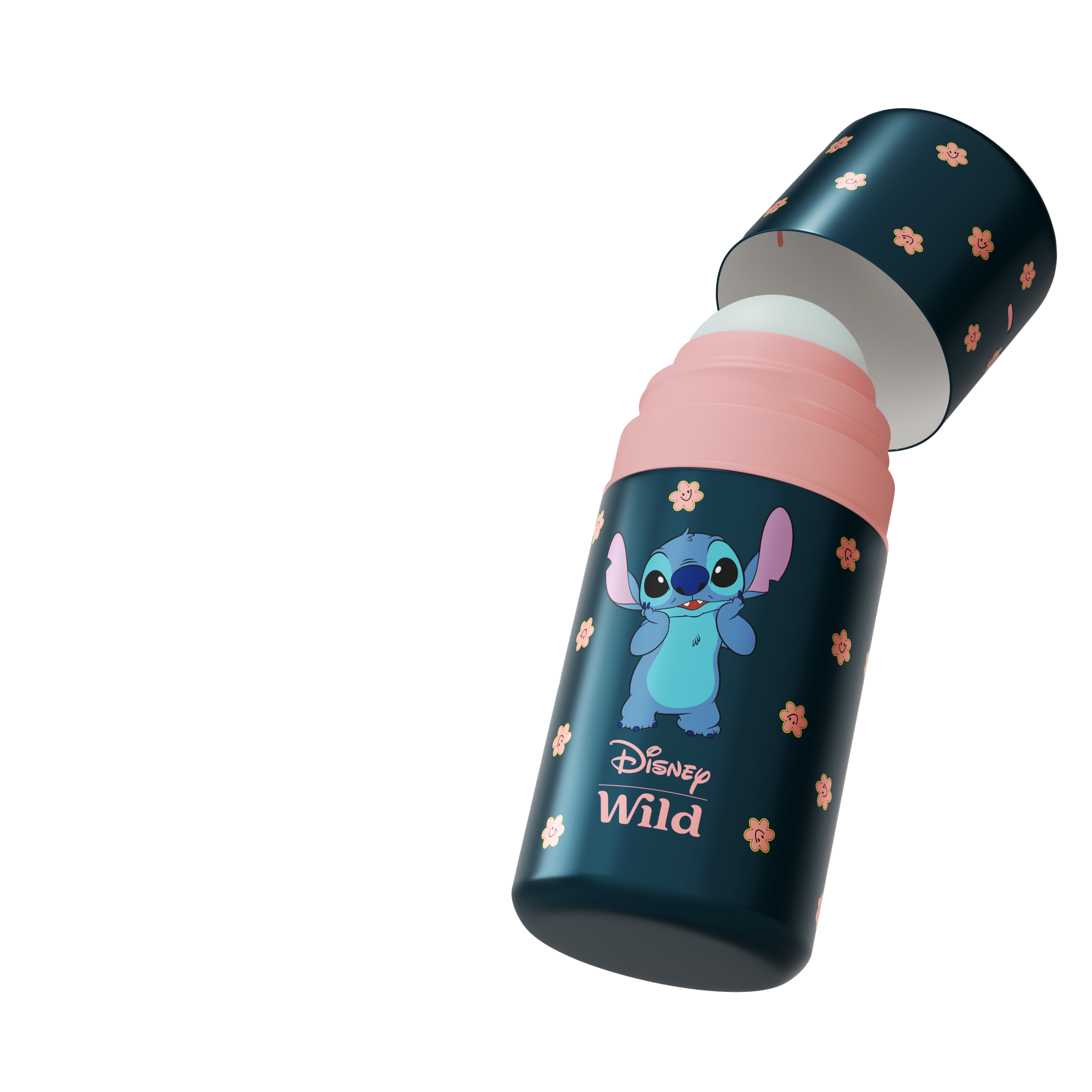Caption: a blue and pink sippy cup with a cartoon character on it