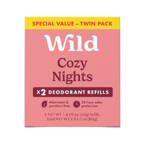 Caption: a pink packet of wild cozy nights with 2 deodorant refills