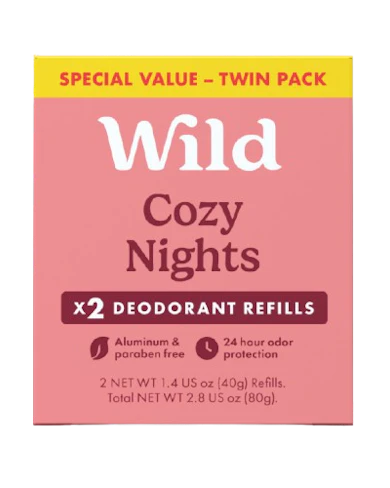Caption: a pink packet of wild cozy nights with 2 deodorant refills