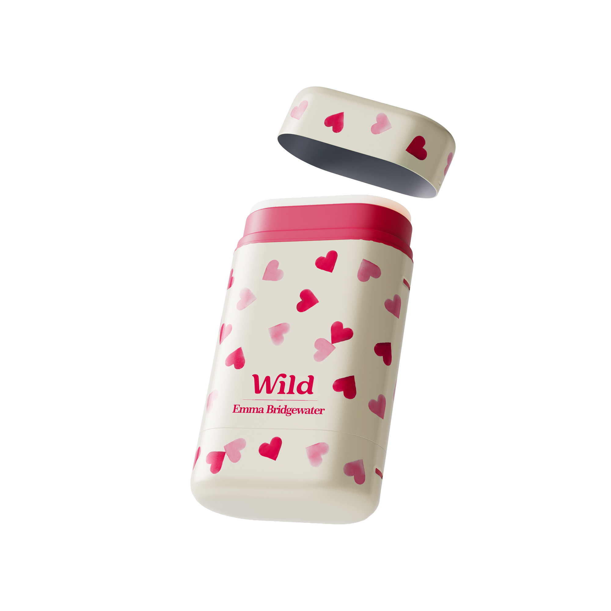 Caption: a white and pink bottle with hearts on it