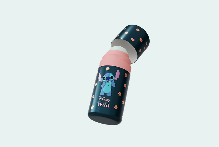 Caption: a blue and pink bottle with a cartoon character on it