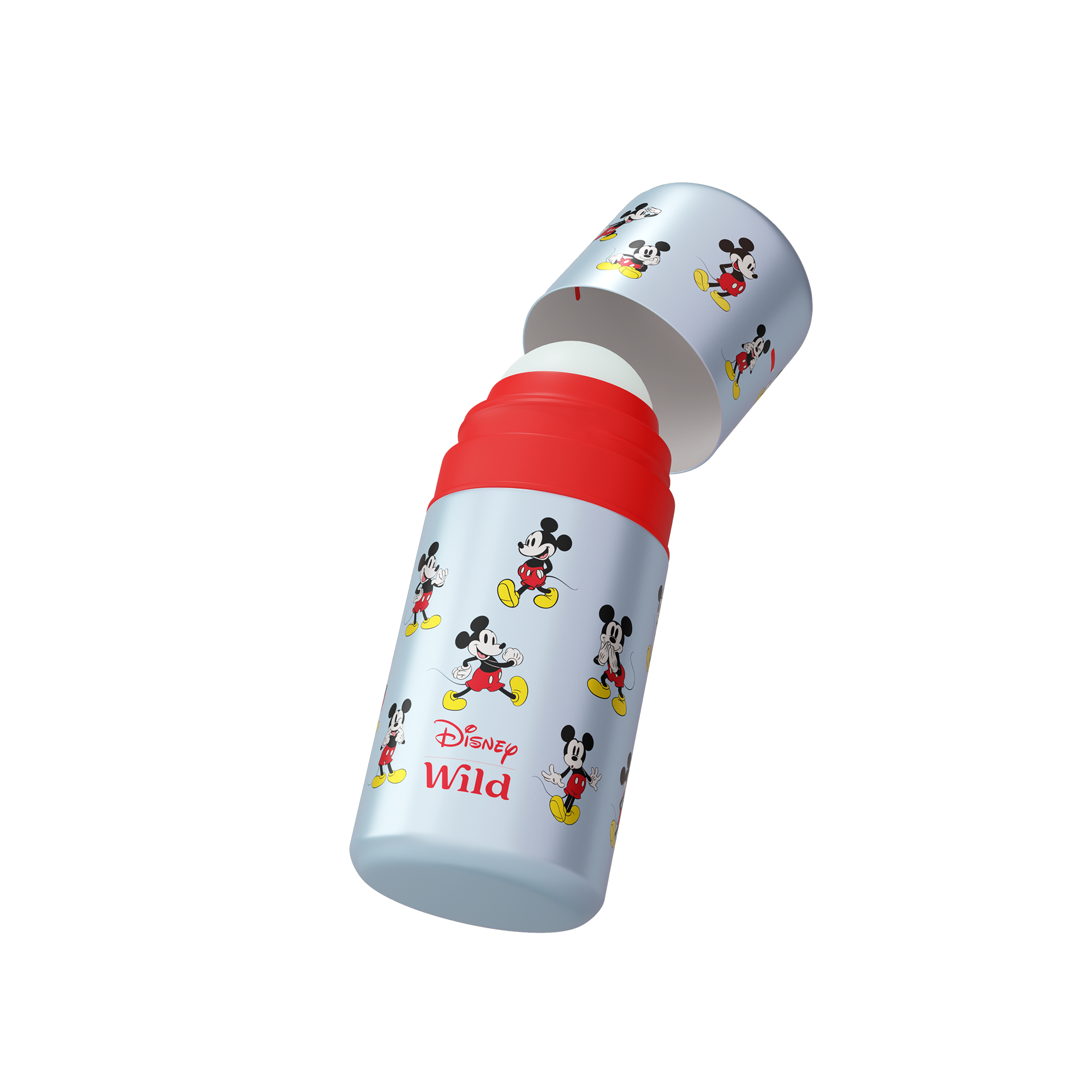 Caption: a red and white bottle with mickey mouse on it