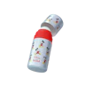 Caption: a red and white bottle with mickey mouse on it