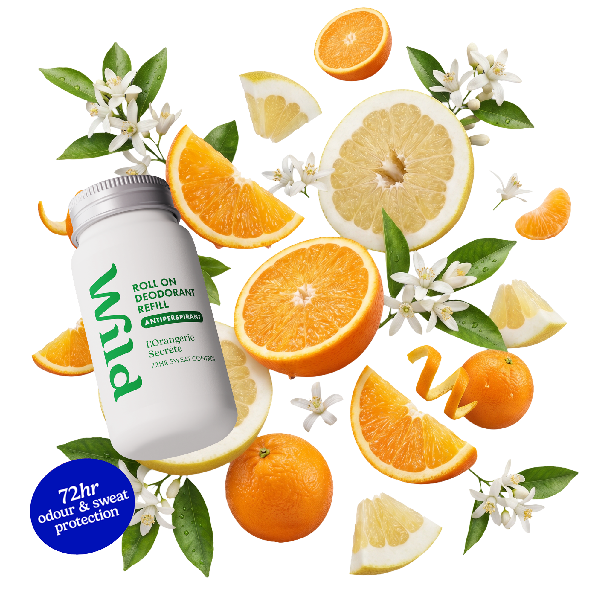 Bijschrift: een fles vitaminewater, omringd door schijfjes sinaasappel en bloemen
