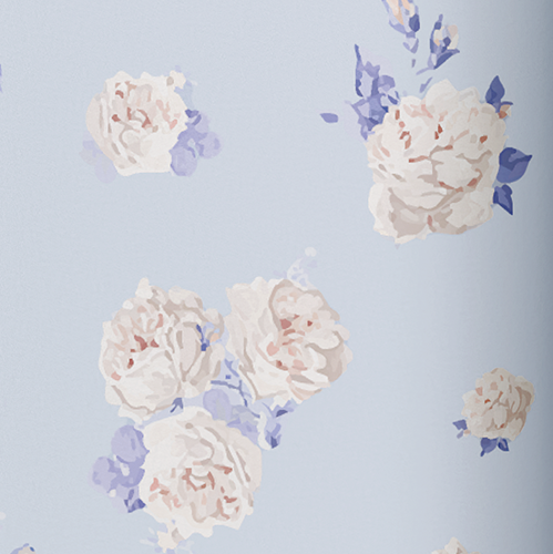 Caption: a blue and white wallpaper with flowers on it