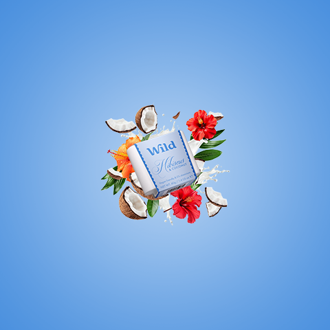 Caption: a blue background with flowers and coconuts on it