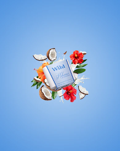 Caption: a blue background with flowers and coconuts on it