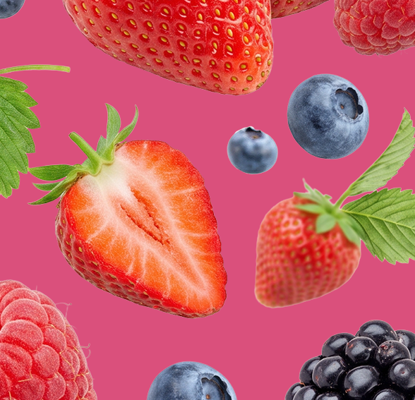 Caption: a pattern of strawberries, blueberries and raspberries on a pink background