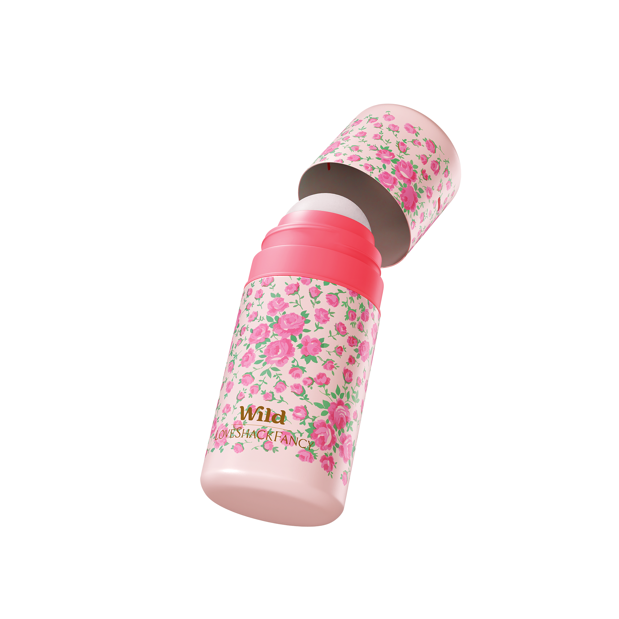 Caption: a pink and white bottle with pink flowers on it