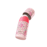 Caption: a pink and white bottle with pink flowers on it