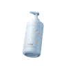 Caption: a baby blue bottle with flowers on it