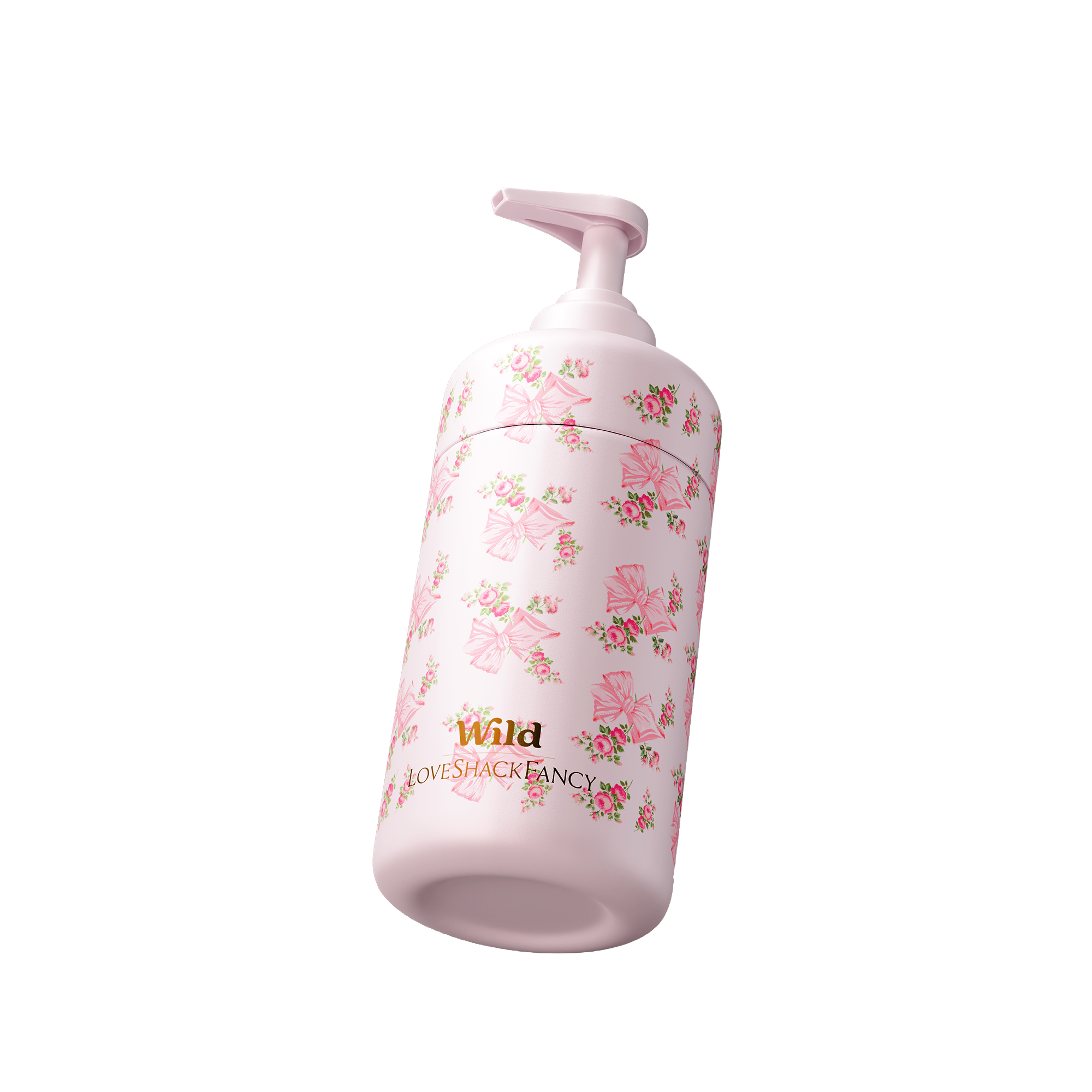 Bildunterschrift: Eine rosa Flasche mit rosa Blumen darauf