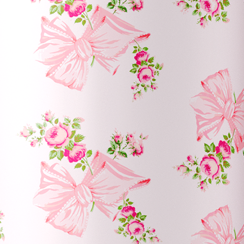 Caption: a pink and white wallpaper with pink flowers on it