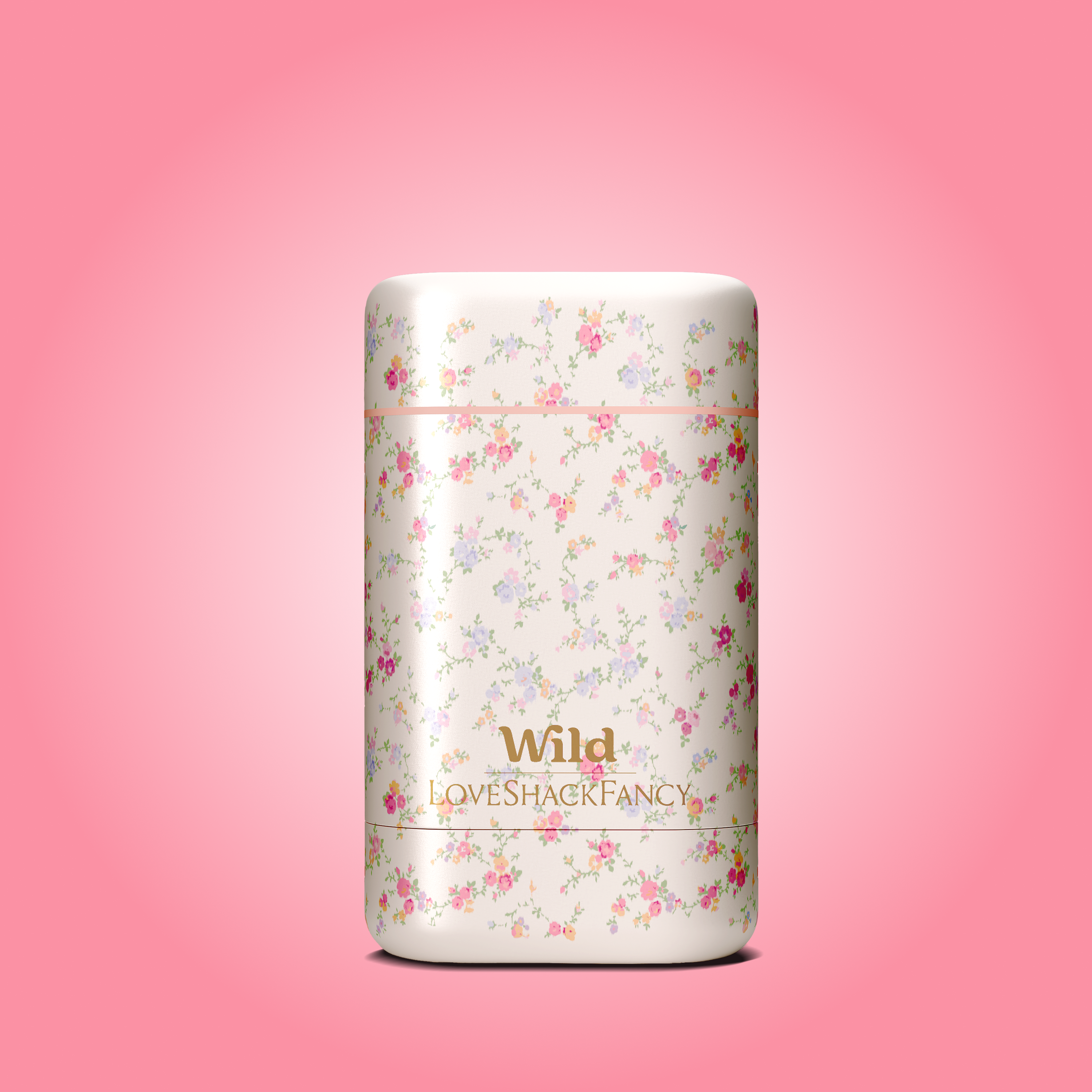 Caption: a white flask with pink flowers on a pink background