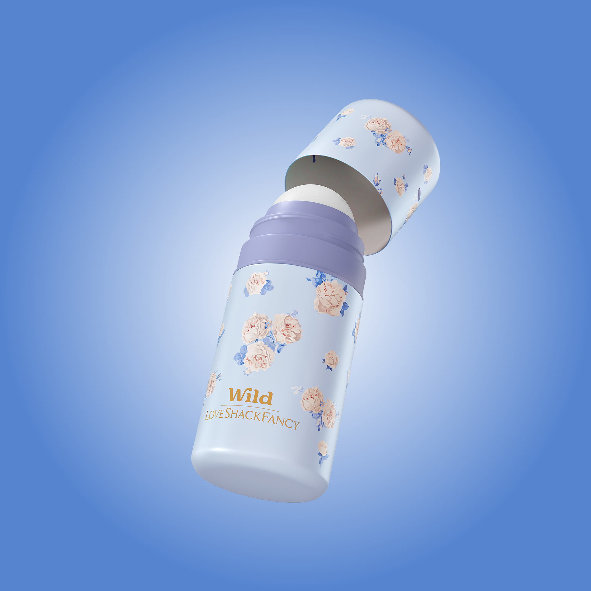 Caption: a white and blue bottle with flowers on it