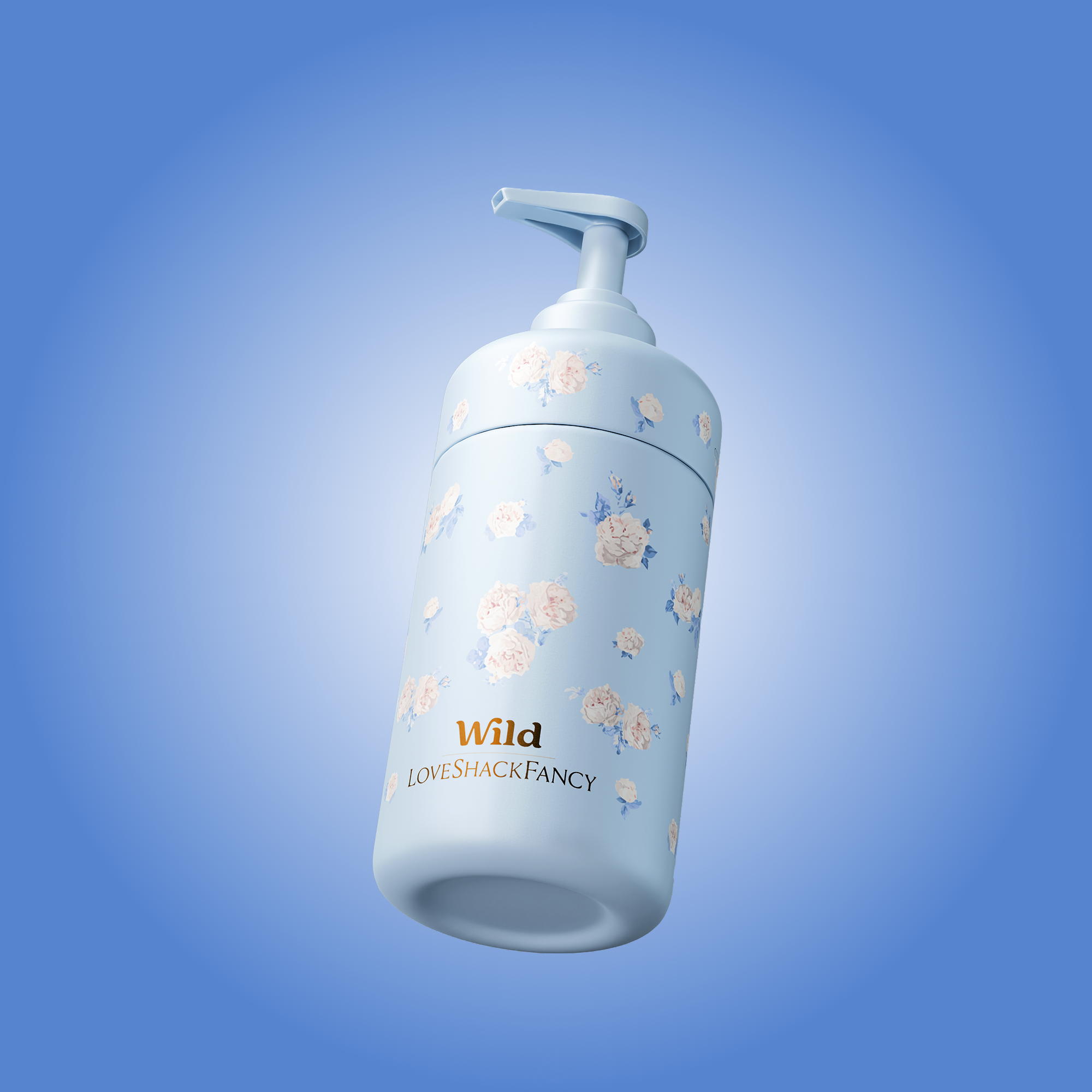 Caption: a white and blue bottle with flowers on it