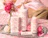 Caption: a woman laying in bed with a tray of personal care products