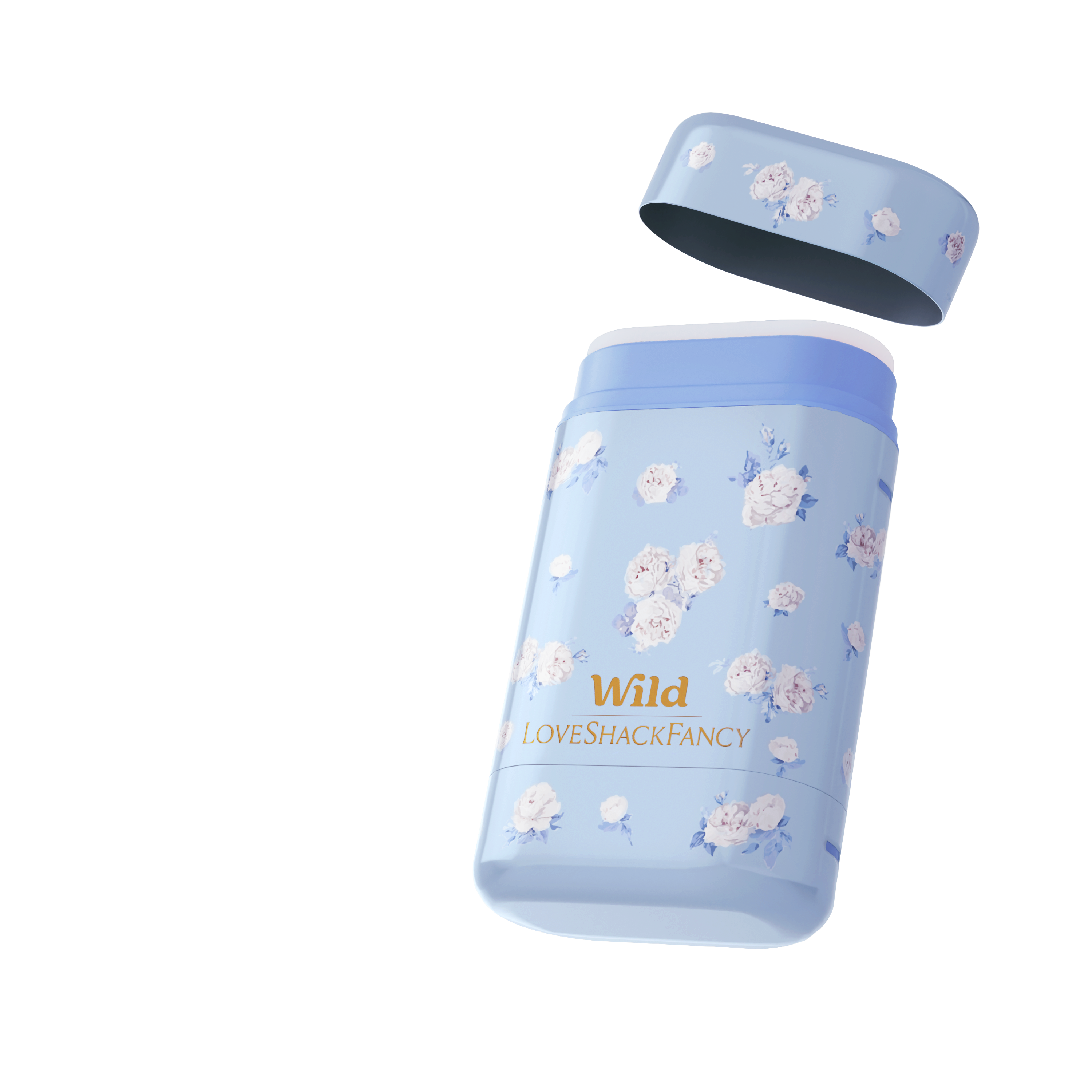 Caption: a blue and white water bottle with flowers on it