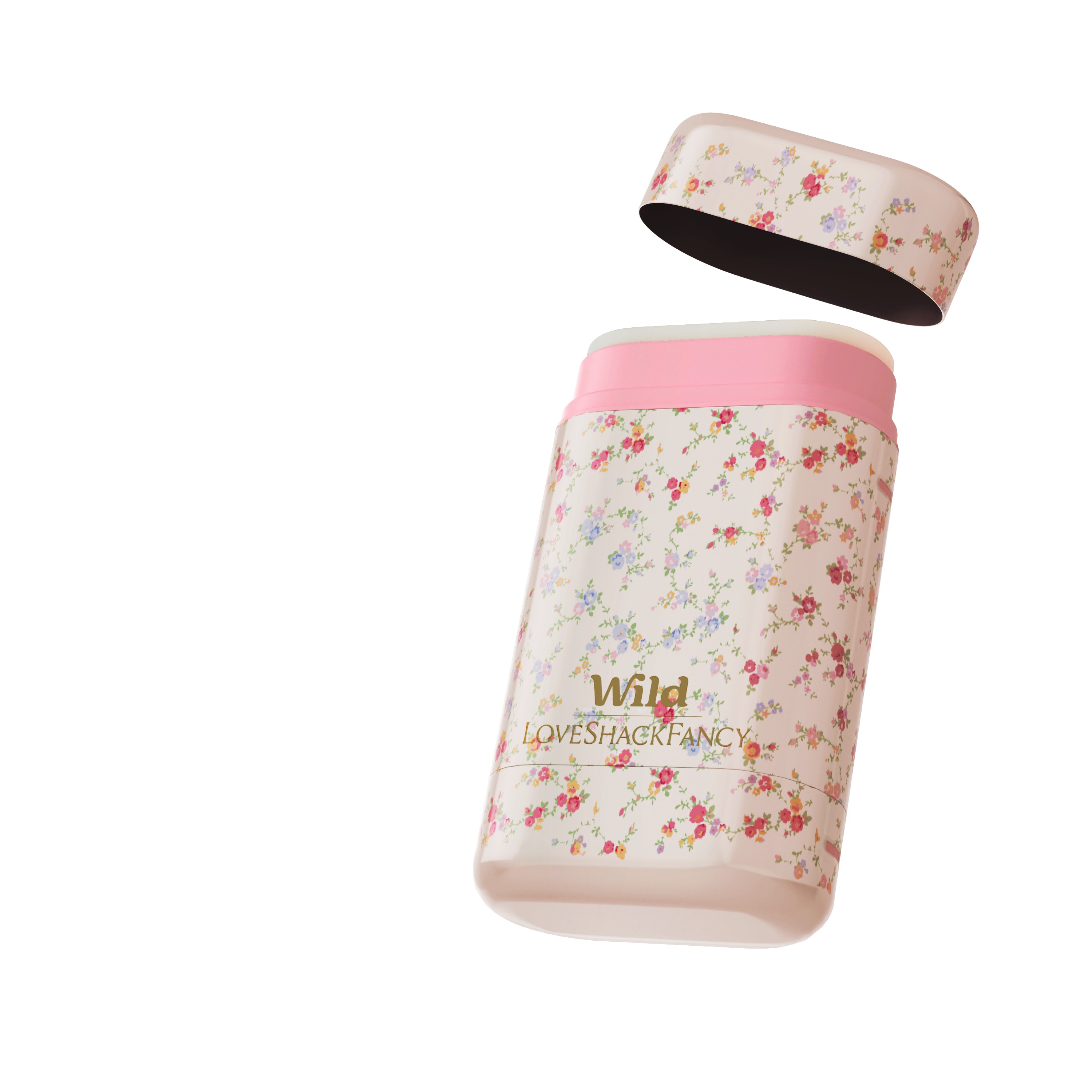 Caption: a pink and white bottle with a pink lid