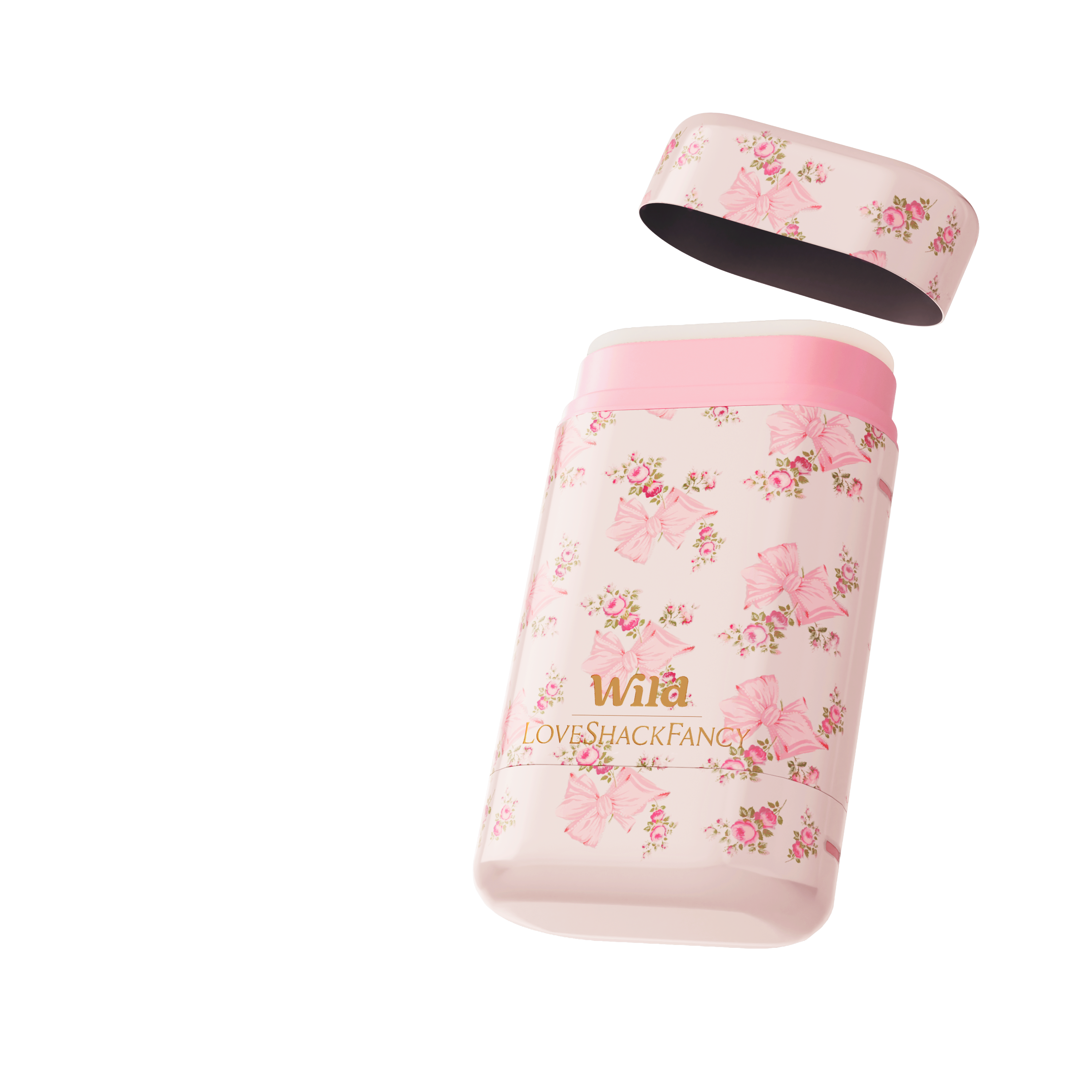 Caption: a pink container with pink flowers on it