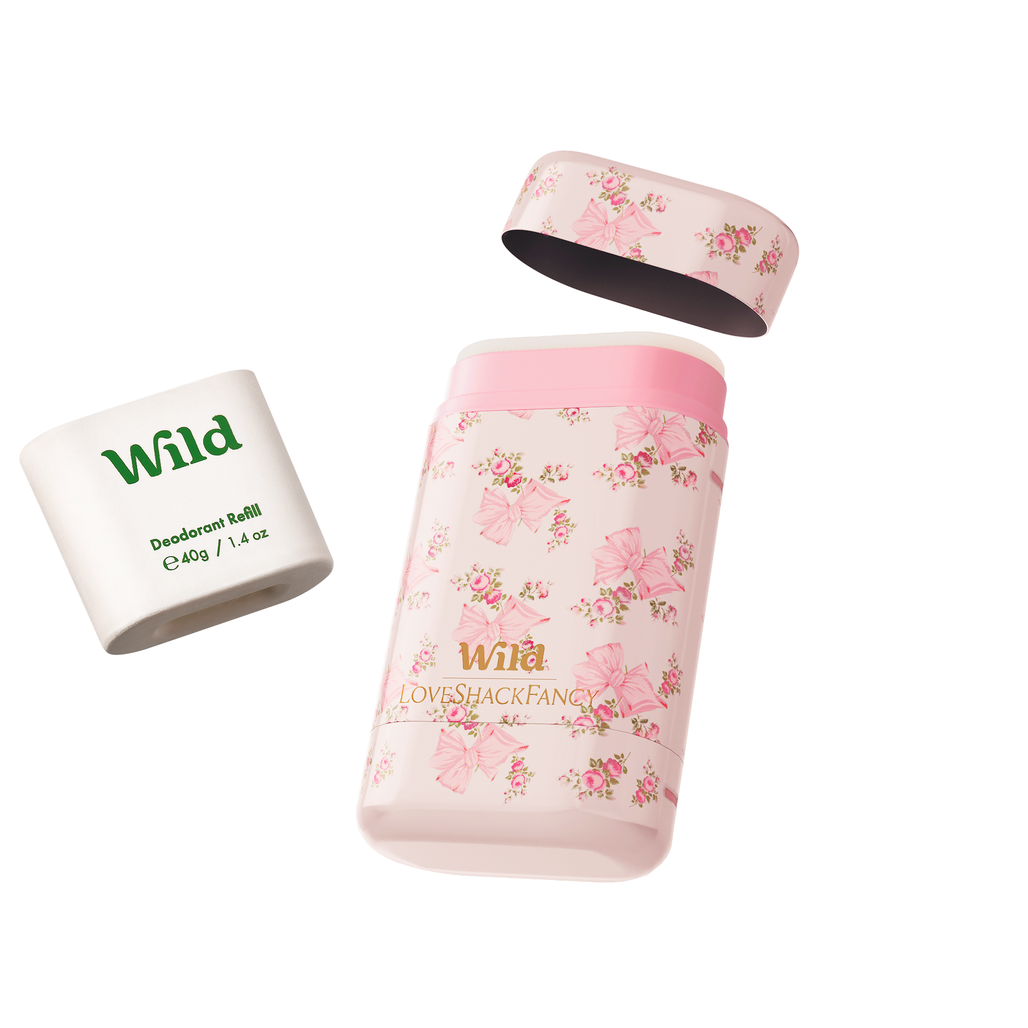 Caption: a bottle of wild deodorant next to a roll of deodoran