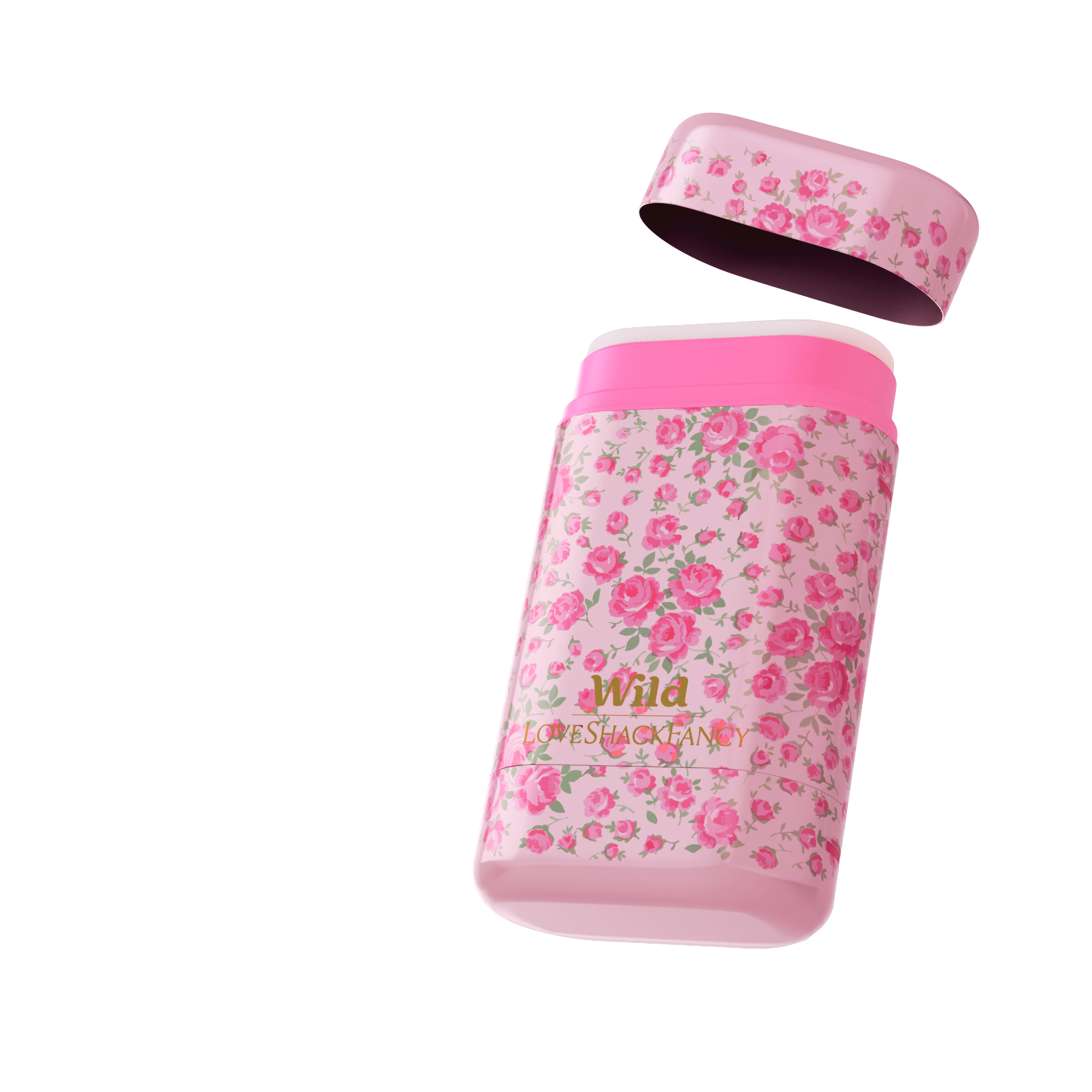 Caption: a pink flowered bottle with a pink lid