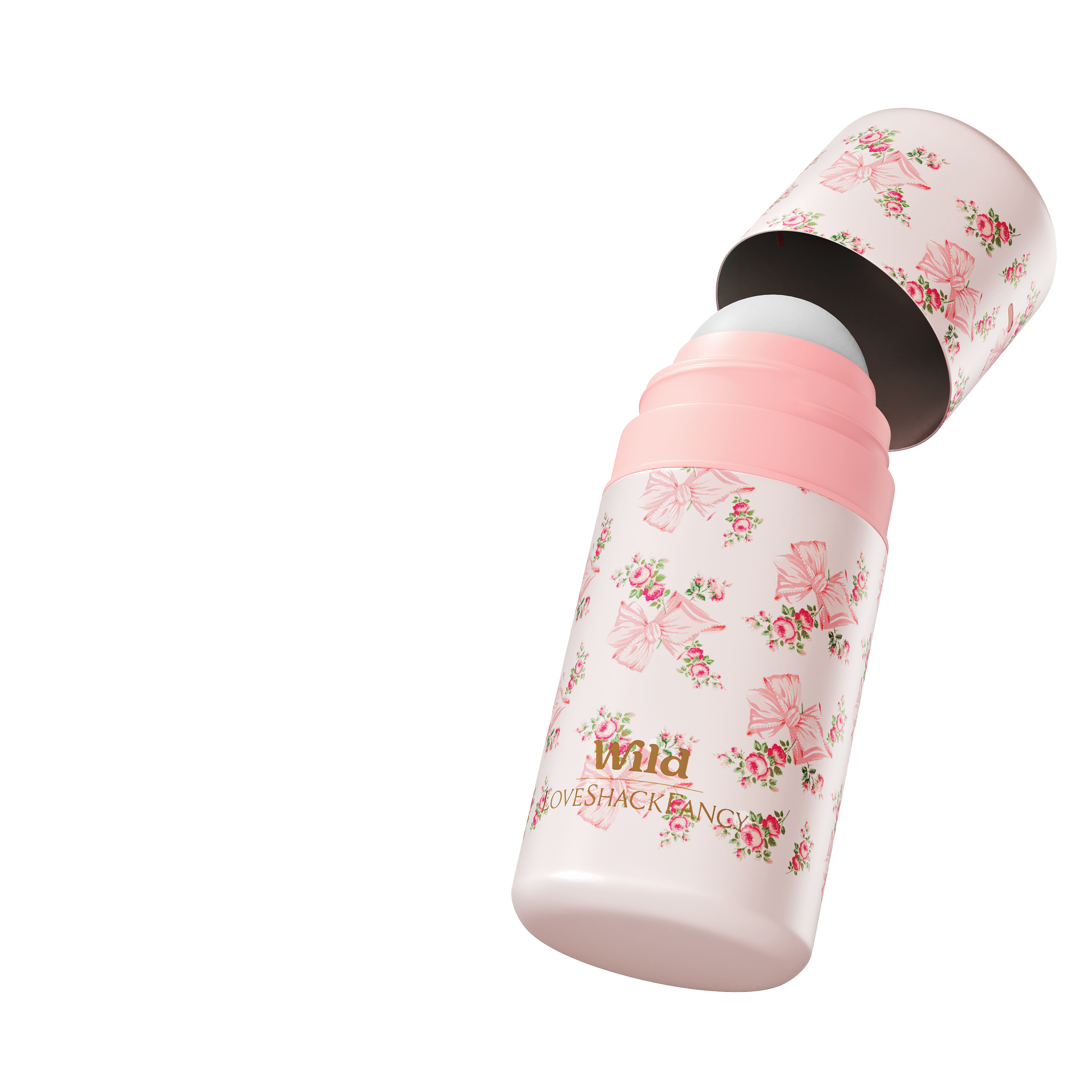 Caption: a pink and white bottle with a pink lid