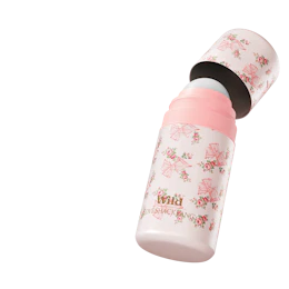 Caption: a pink and white bottle with a pink lid