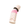 Caption: a pink and white bottle with flowers on it