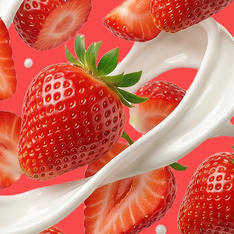 Légende : des fraises tombant dans un milk-shake sur fond rose