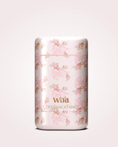 Caption: a white container with pink flowers on it