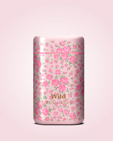 Caption: a can of wild love and money on a pink background