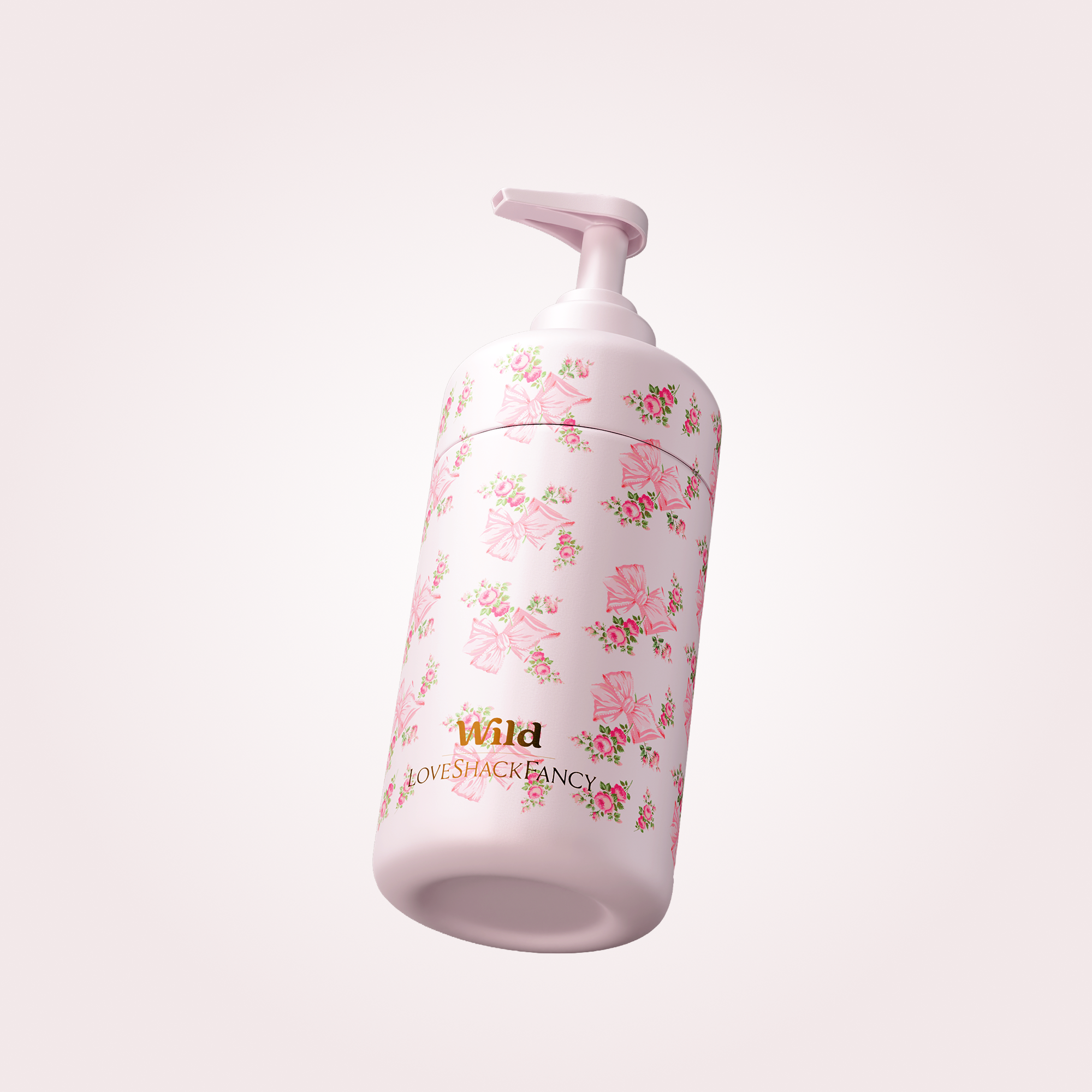 Caption: a pink bottle with a pink flower pattern on it