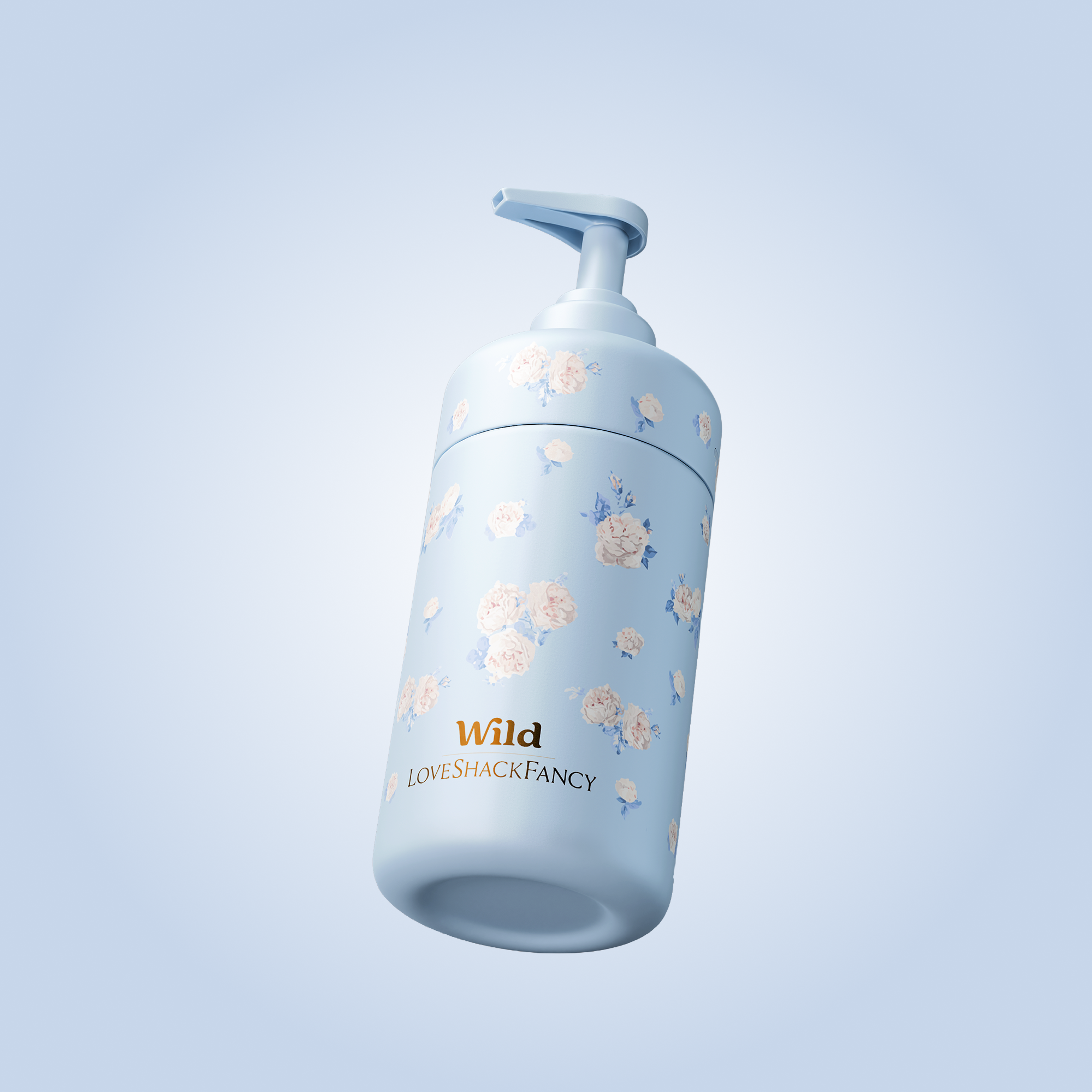 Caption: a white and blue bottle with flowers on it