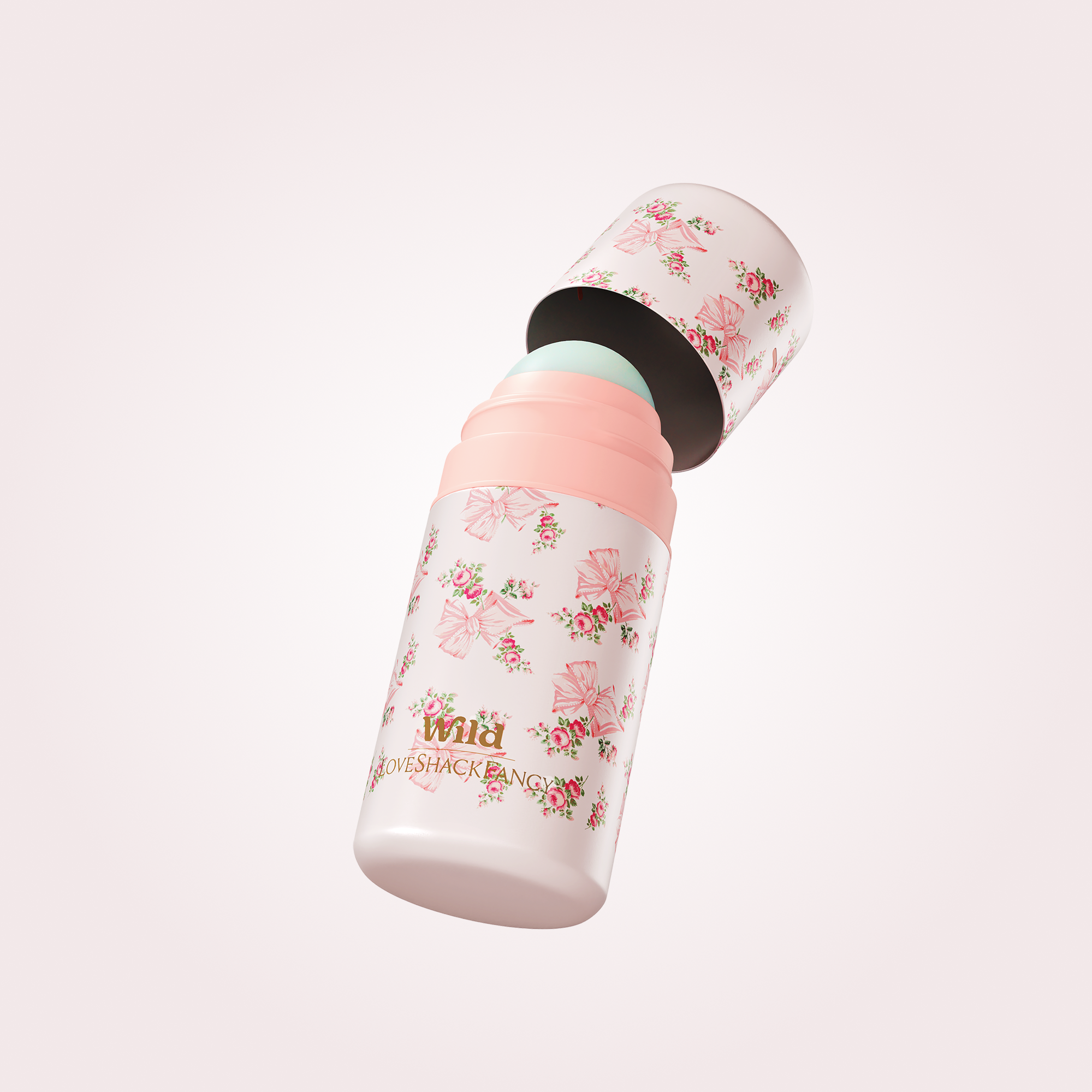 Caption: a pink and white baby bottle with a black lid