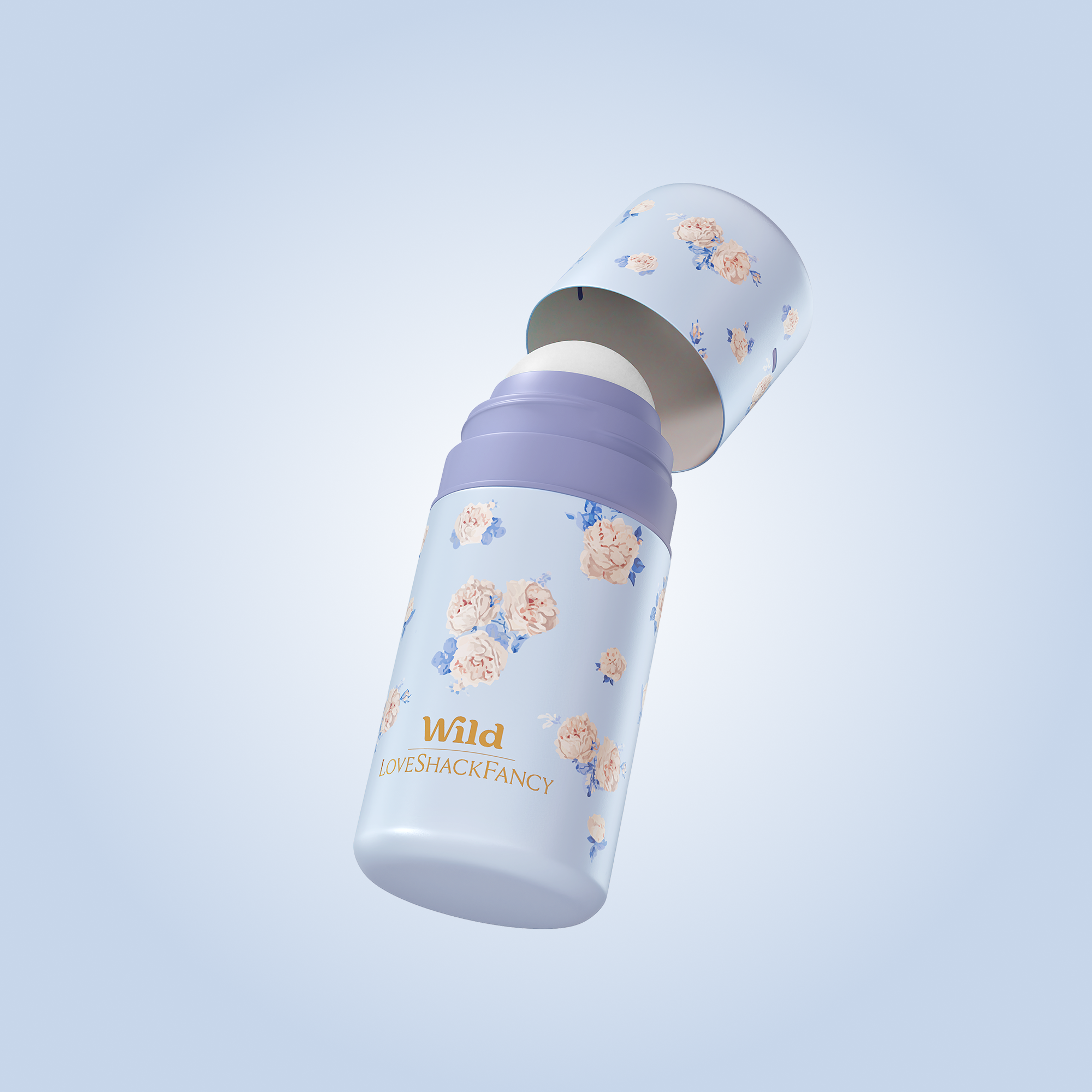 Caption: a white and blue bottle with flowers on it