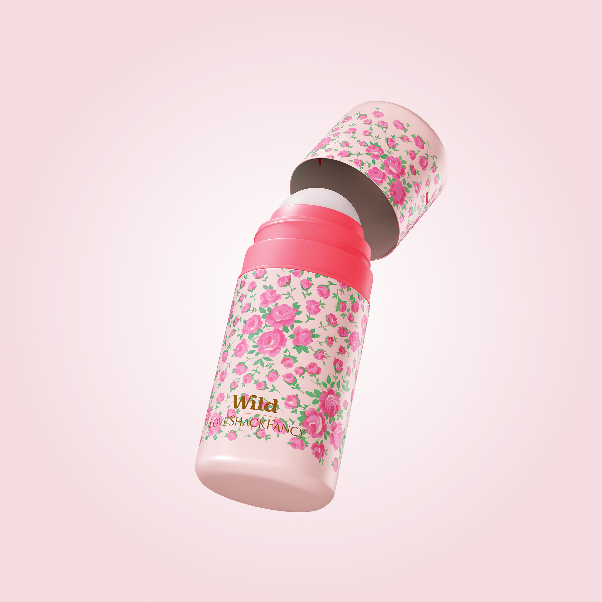 Caption: a pink and white bottle with pink flowers on it