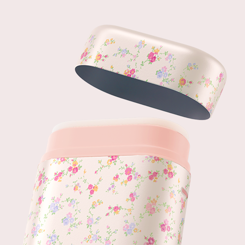 Caption: a pink and white flowered box with a pink lid