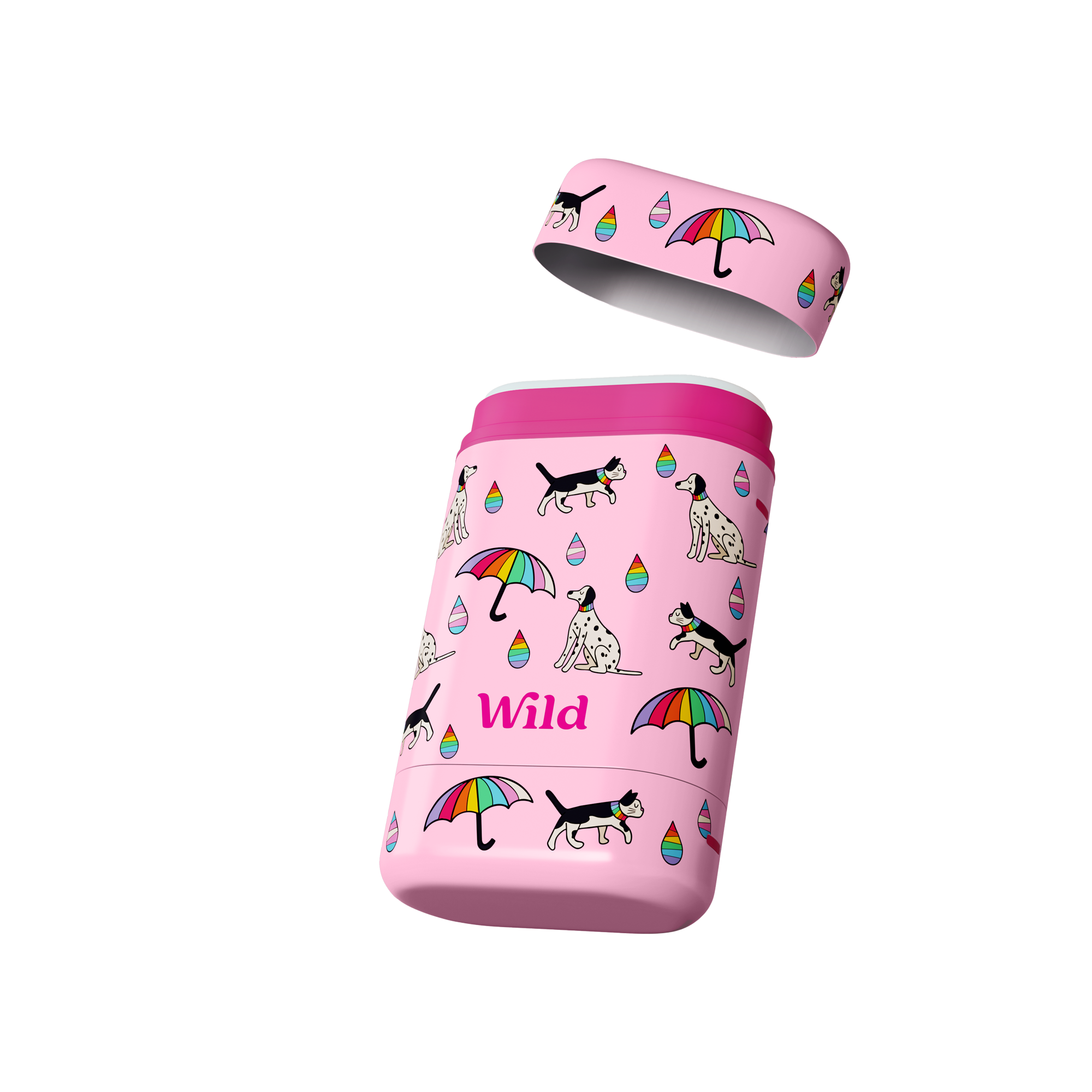 Caption: a pink canister with a pattern of dogs and umbrellas on it