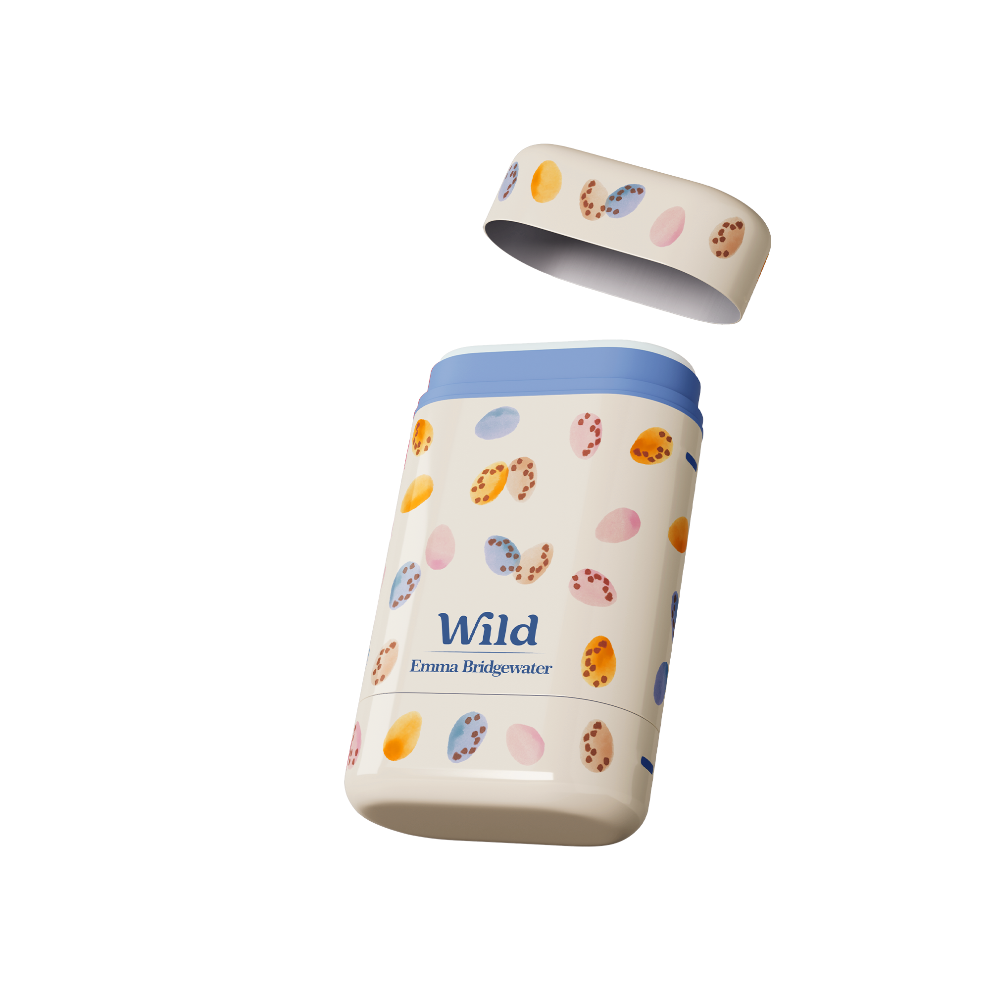 Caption: a white and blue container with a blue lid