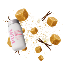 Caption: a can of raw sugar next to a pile of sugar cubes