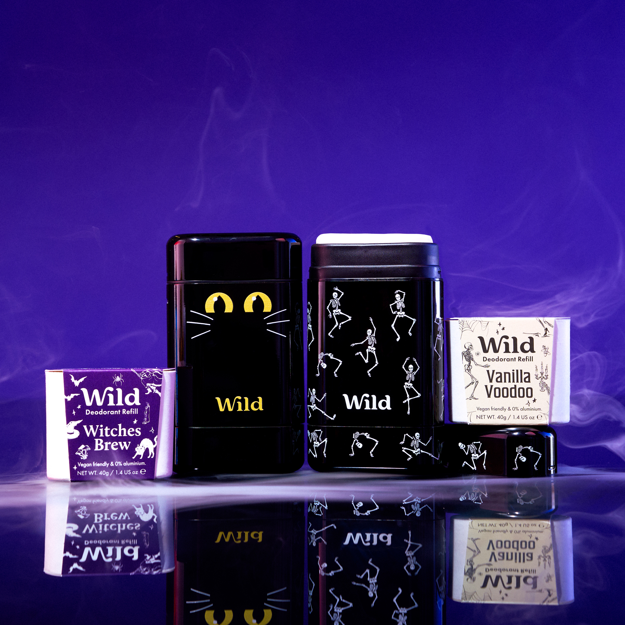 1 Dancing Skeletons Stick Deodorant Case, 1 Cat Eyes Stick Deodorant Case, 1 Vanilla Voodoo Stick Deodorant Refill, 1 Witches Brew Stick Deodorant & Refill