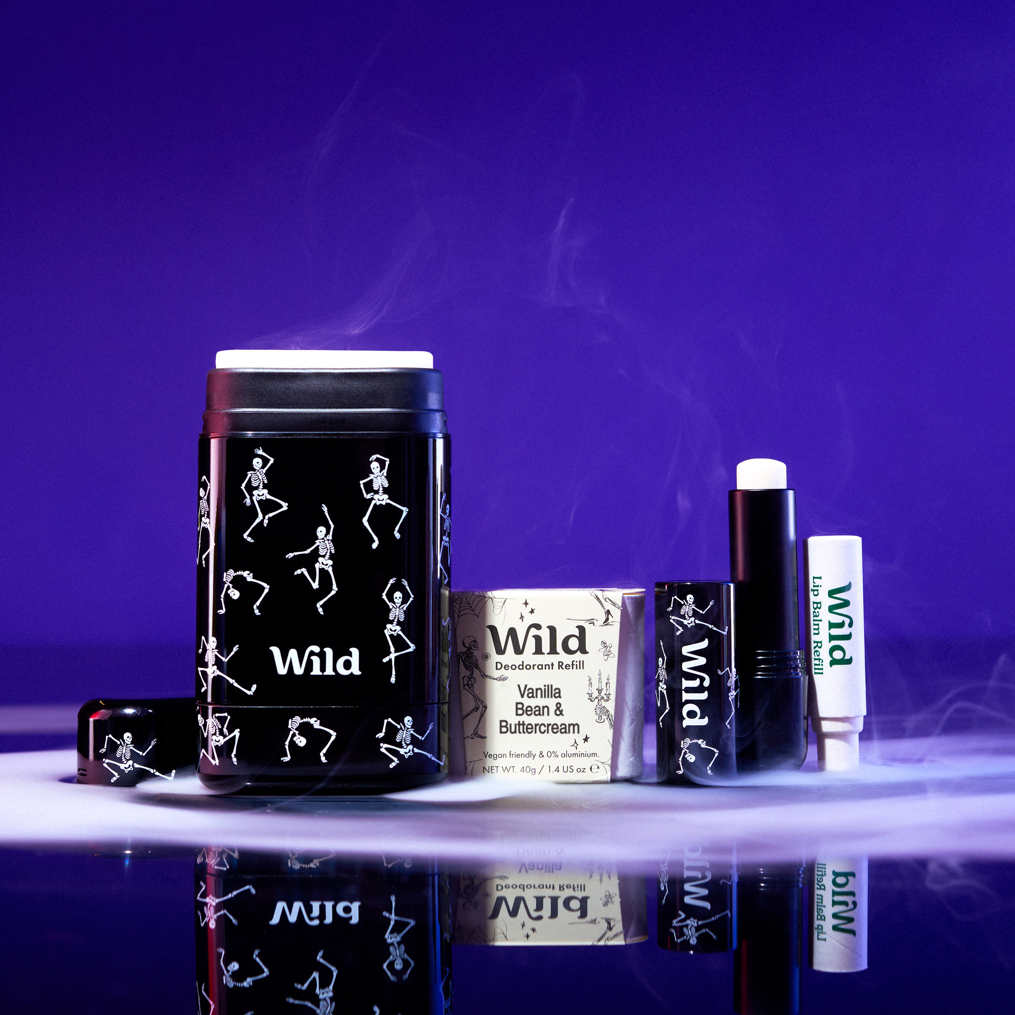 1 Dancing Skeletons Stick Deodorant Case, 1 Vanilla Bean & Buttercream Stick Deodorant Refill, 1 Dancing Skeletons Lip balm Case & 1 Vanilla Frost Lip Balm Refill